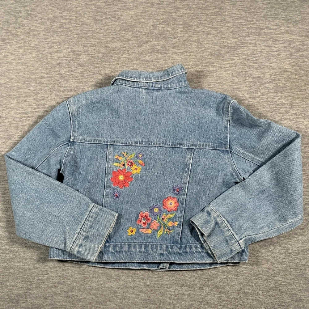 American Girl Jacket Girls Medium 10/12 Blue Denim Trucker Embroidered Floral‎